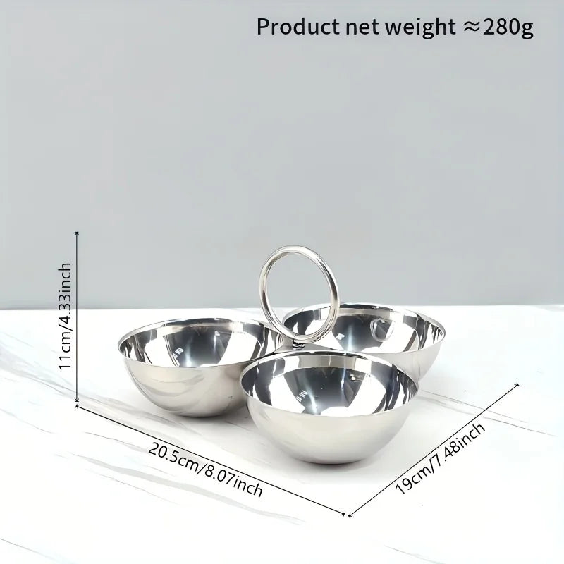 Cuencos para servir de acero inoxidable de 3 compartimentos, platos divididos para aperitivos con acabado pulido espejo, recipientes de comida para fiestas, hogar, cocina y comedor
