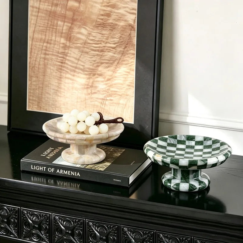 Bandeja nórdica vintage de mármol a cuadros, plato de postre y fruta de piedra de lujo hecho a mano, centro de mesa decorativo para el hogar, regalo