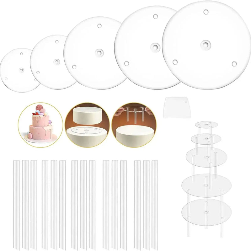 5 piezas de platos separadores de pasteles, bases para pasteles y 15 piezas de varillas de soporte de plástico para pasteles, reutilizables para pasteles de varios niveles para fiestas