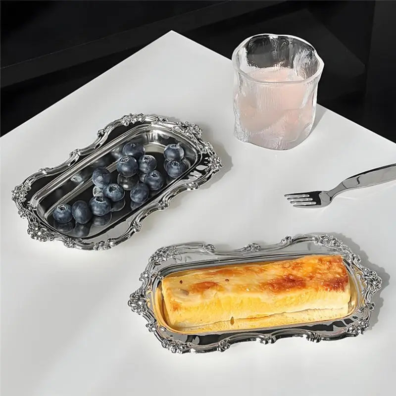 A95I-Bandeja de servir vintage de acero inoxidable repujado para postres, almacenamiento de joyas, plato de aperitivos para decoración de mesa de comedor