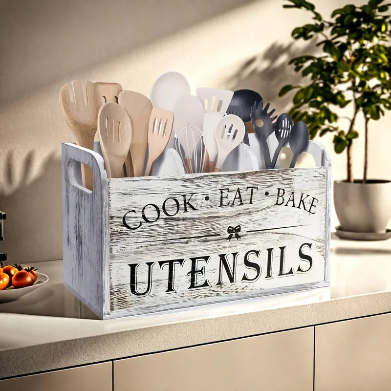 Soporte para utensilios de cocina de madera, organizador de cucharas y tenedores, recipiente para almacenar vajilla, organizador grande para utensilios de cocina, portacubiertos
