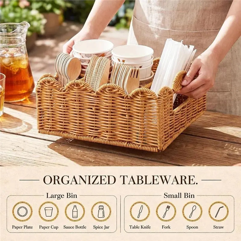 BSEVB-Cesta de mimbre para utensilios para fiestas, soporte para cubiertos y platos de papel, dispensador de cubiertos cuadrado con 6 compartimentos y borde festoneado