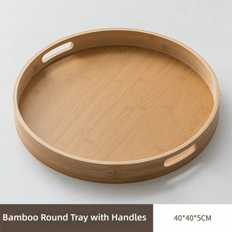 Nueva bandeja redonda de madera con asas para té y comida, 25/30/35/40 cm, bandeja de servicio para desayuno y cena