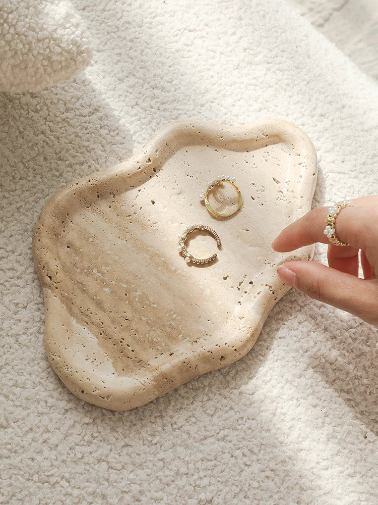 AhunderJiaz Bandeja de almacenamiento de travertino estilo nórdico Wabi-sabi, bandeja de almacenamiento para entrada, adorno decorativo, decoración de almacenamiento para el hogar