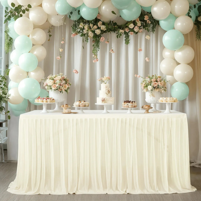 Falda de mesa de tul para mesa rectangular de 14 pies, falda de mesa con volantes semitransparente para decoración de manteles en banquetes, fiestas y bodas