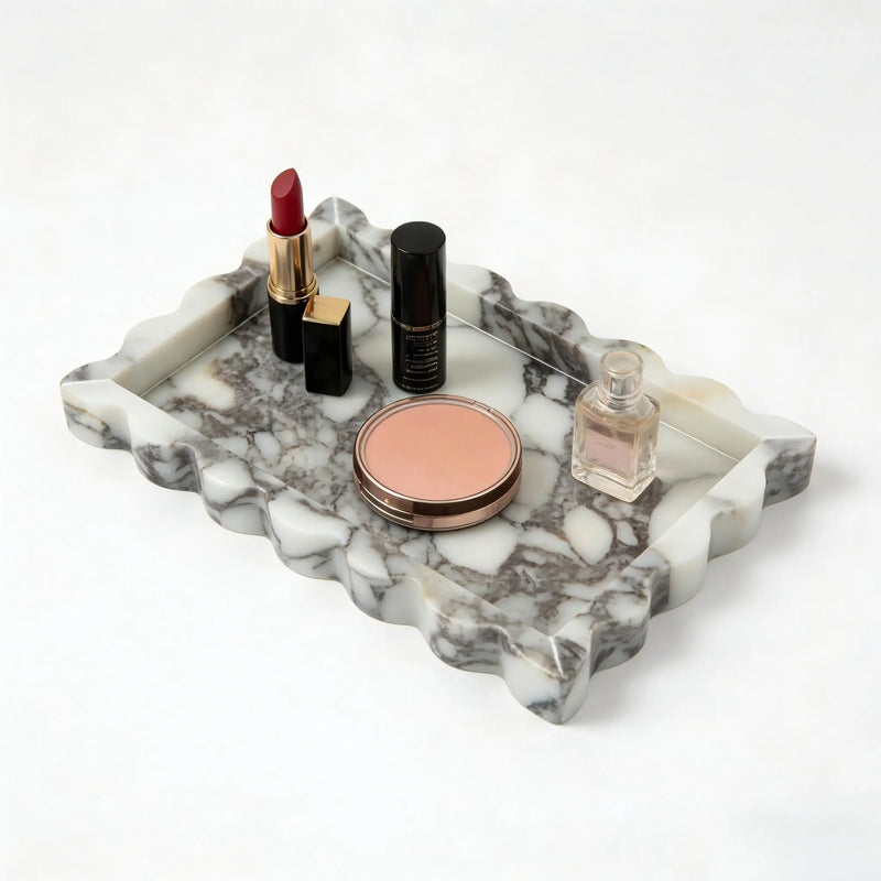 Bandeja de mármol decorativa para tocador, rectangular con borde festoneado, organizador de joyas y decoración para el hogar de piedra Calacatta Viola