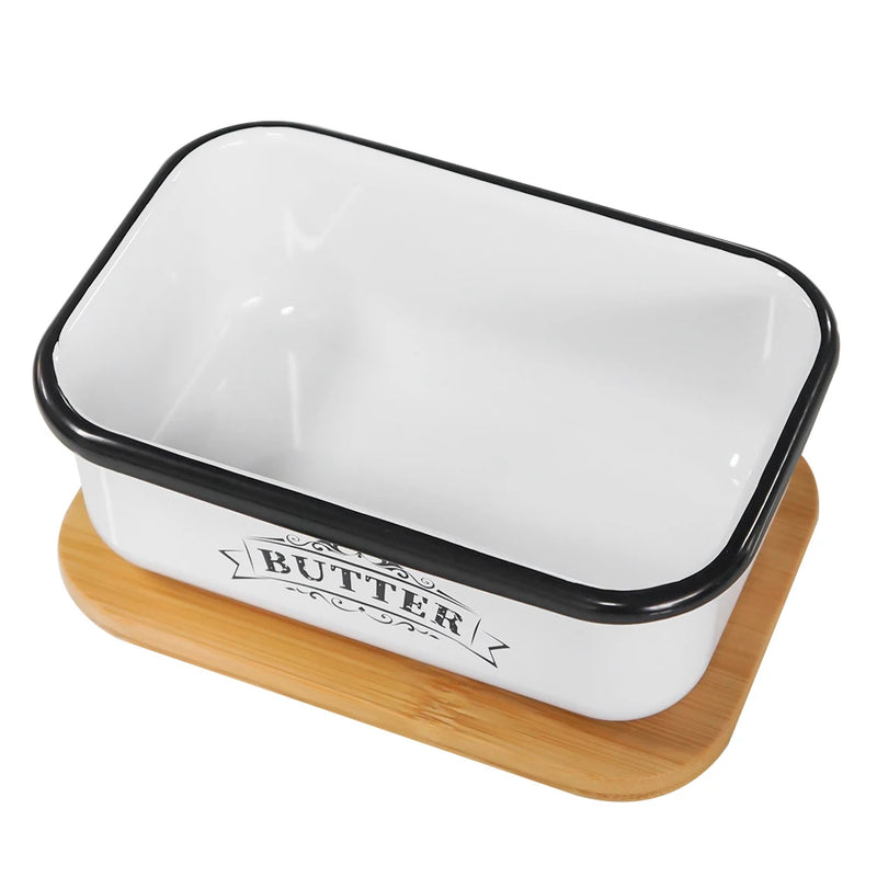 Mantequillera con tapa estilo granja, recipiente para mantequilla para encimera, caja pequeña de metal con tapa de bambú gruesa, guardamantequilla vintage