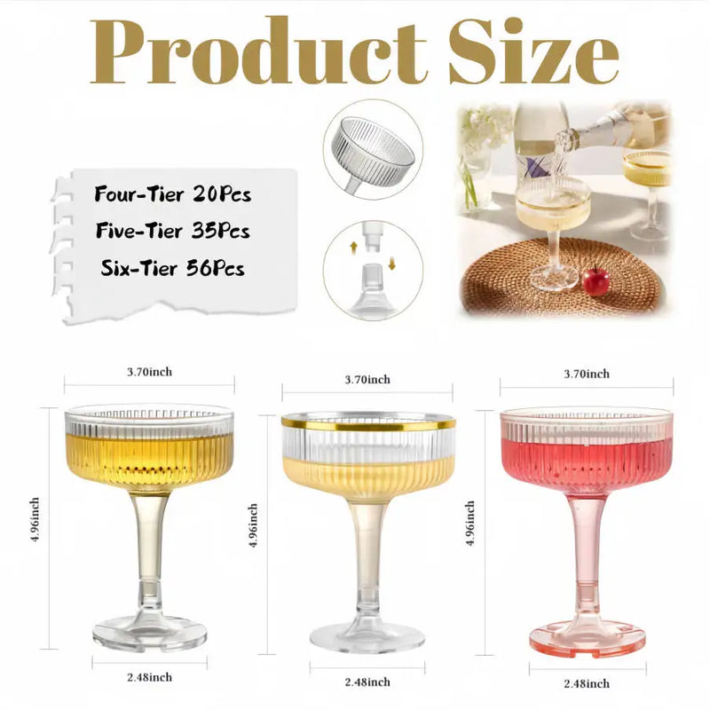 Torre de champán de plástico de 4-6 niveles, copas de acrílico transparente de 7 oz para champán, flautas y martinis para bodas, fiestas y despedidas de soltera