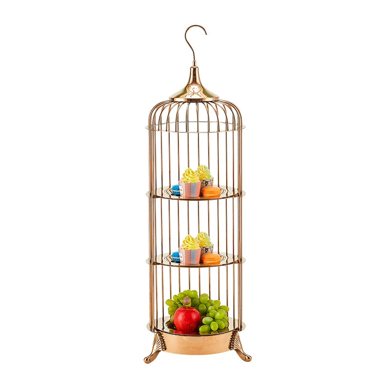 Expositor de postres para catering, té de la tarde, bufé dorado, jaula para pájaros, estante para presentación de comida