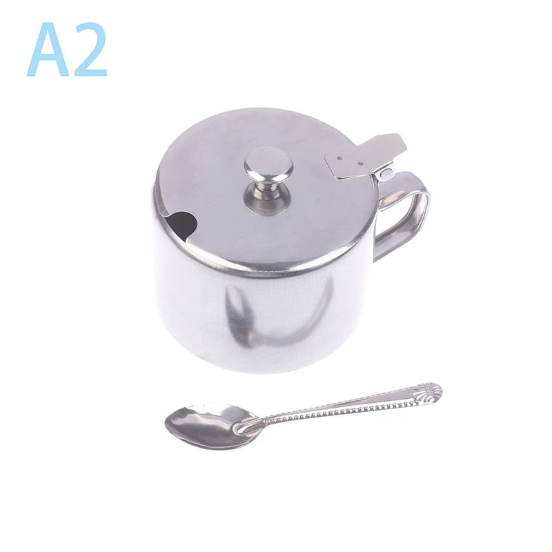 Azucarero práctico de acero inoxidable con tapa de asa y cuchara, recipiente para especias a prueba de polvo e impermeable para cocina y restaurante