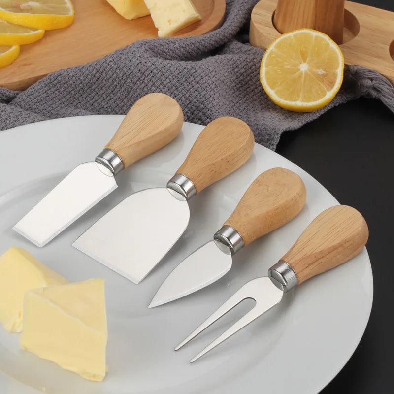 Juego de 4 cuchillos para queso de acero inoxidable con mango de madera, cortador de queso y mantequilla, espátula para mermelada y crema, cuchillo para pizza, juego de utensilios de cocina