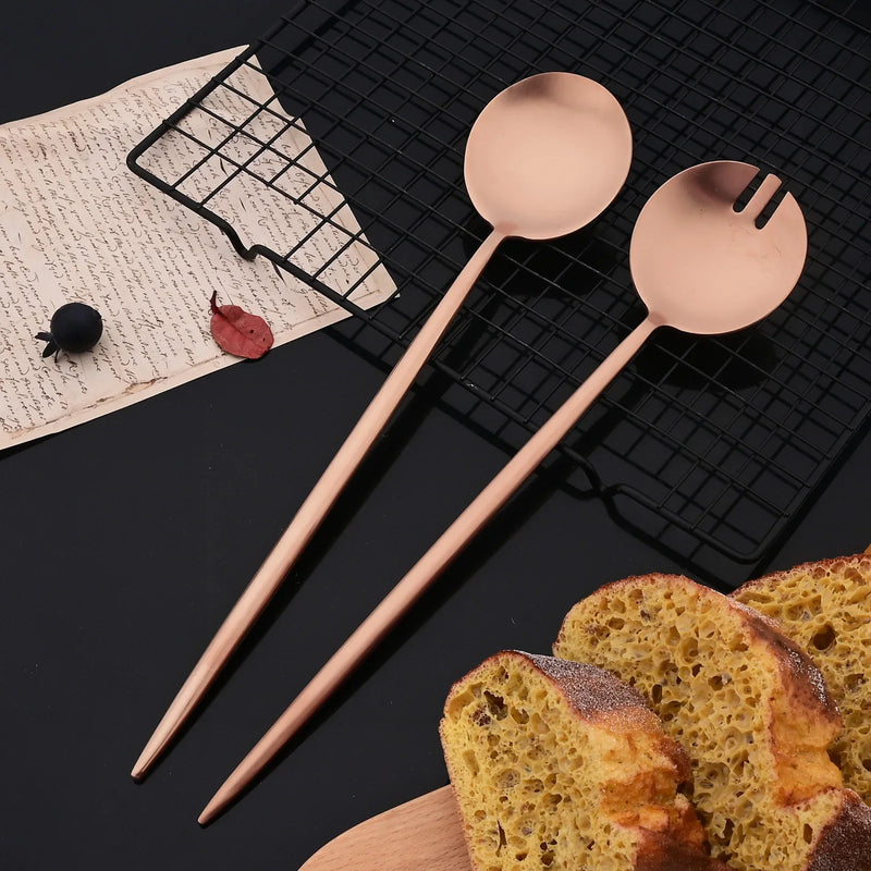 Juego de cubiertos para ensalada de 2 piezas, set de cubiertos dorados, cucharas, tenedores, mango largo, tenedor grande, juego de utensilios de acero inoxidable para servir.
