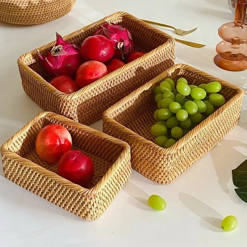 Nueva cesta de almacenamiento tejida a mano, bandeja de almacenamiento de ratán, cesta de mimbre, cesta para pan, frutas, desayuno, té, picnic, cesta de almacenamiento para cocina