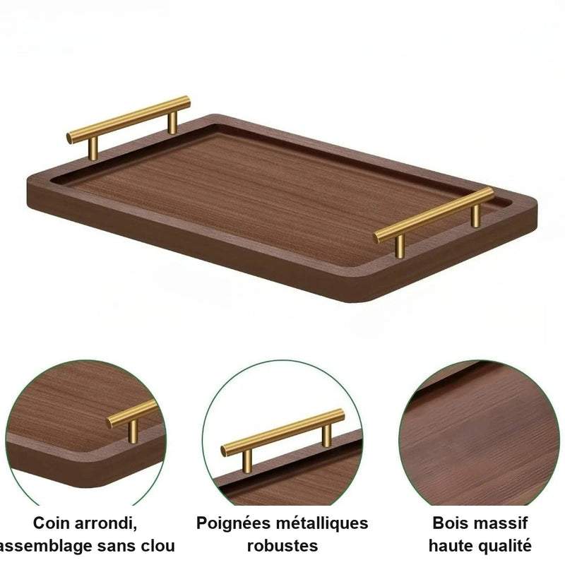 Plateau de Service Bois Poignées Dorées
