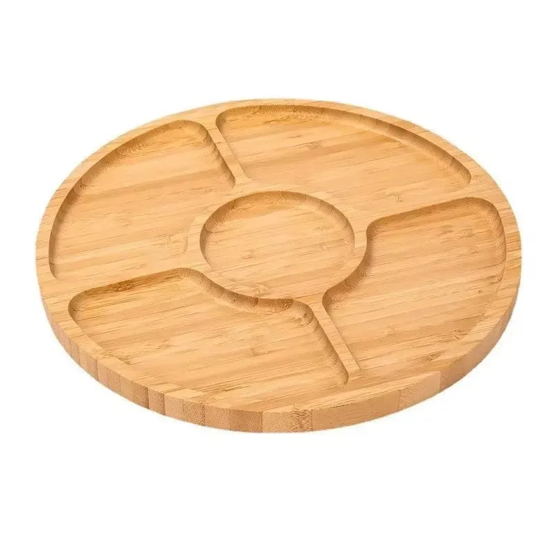 Bandeja de frutas de bambú redonda de cinco compartimentos, plato para aperitivos, frutas y frutos secos, plato de madera con divisores