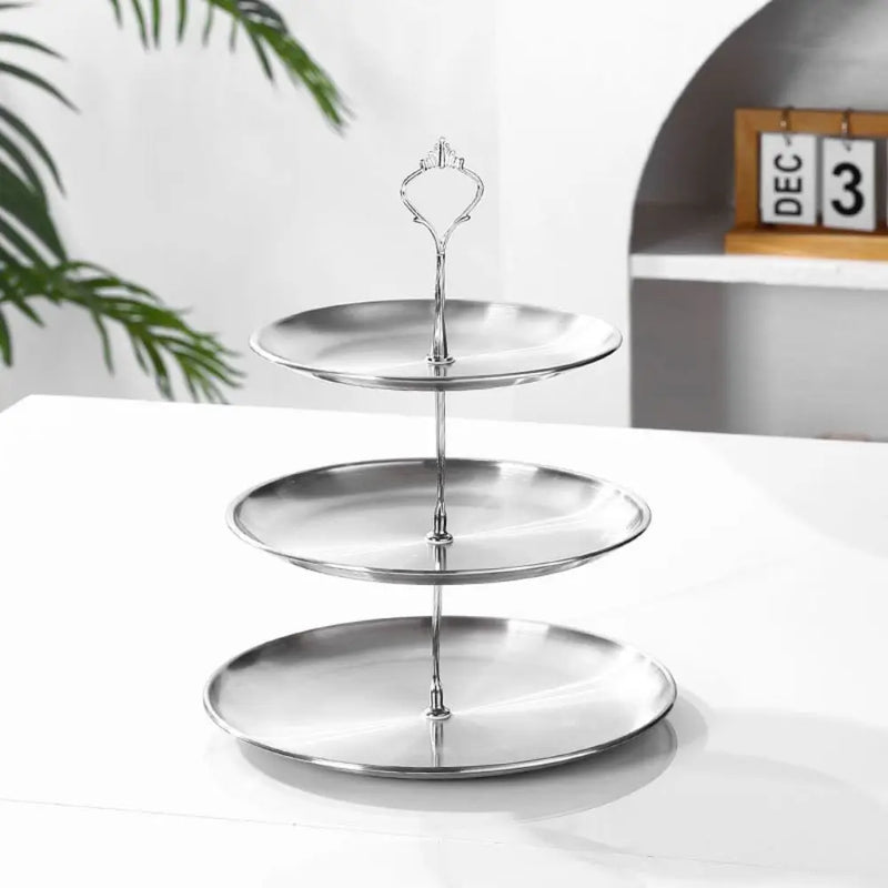 Soporte de acero inoxidable para pasteles de restaurante, expositor de postres desmontable, plato de frutas dorado y plateado, bandeja para aperitivos y dulces