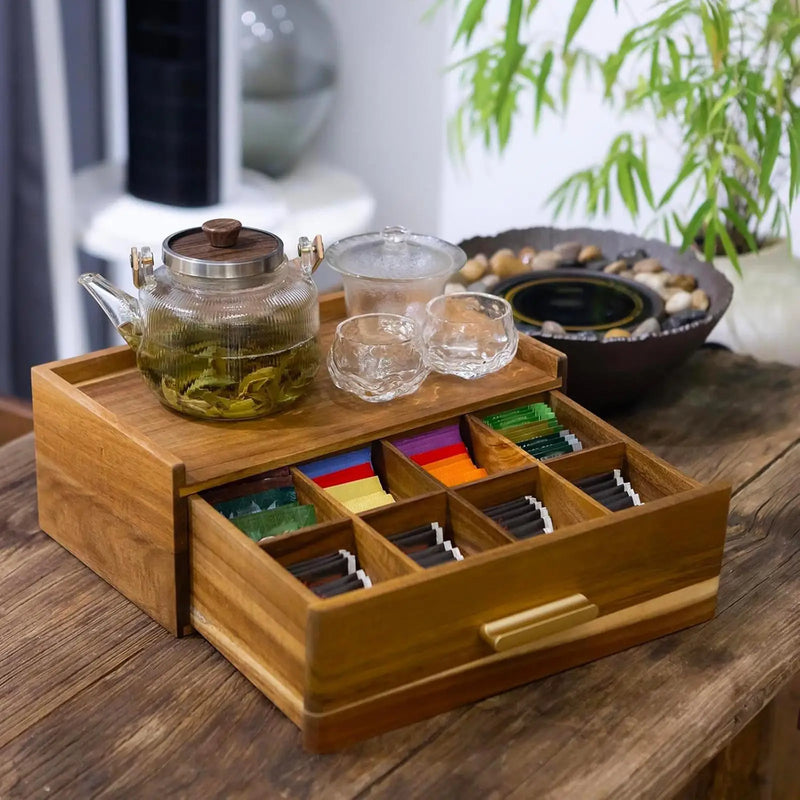Organizador de bolsas de té de madera con múltiples compartimentos, práctica caja organizadora de té para exhibición en el hogar, despensa, cocina, oficina y encimera
