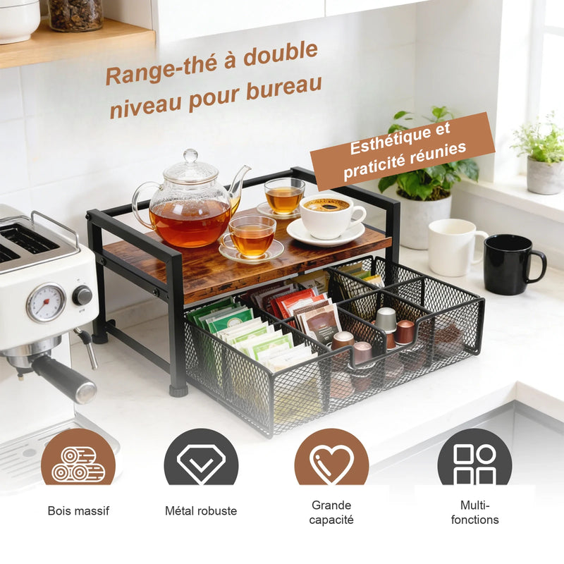 Range-thé à double niveau pour bureau, esthétique et praticité réunies, bois massif et cadre métal