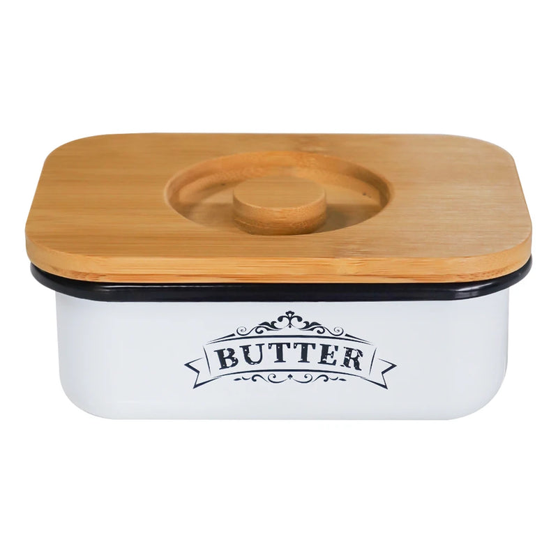 Mantequillera con tapa estilo granja, recipiente para mantequilla para encimera, caja pequeña de metal con tapa de bambú gruesa, guardamantequilla vintage