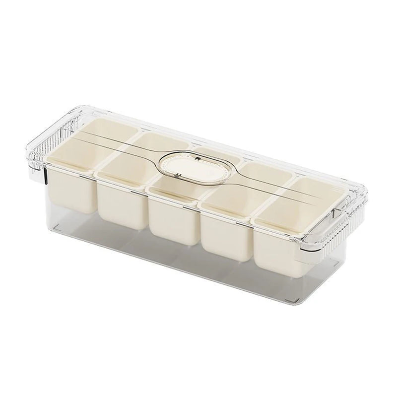 Organizador de condimentos refrigerado con 5 recipientes, servidor de frutas con tapas, bandeja para servir con compartimentos extraíbles