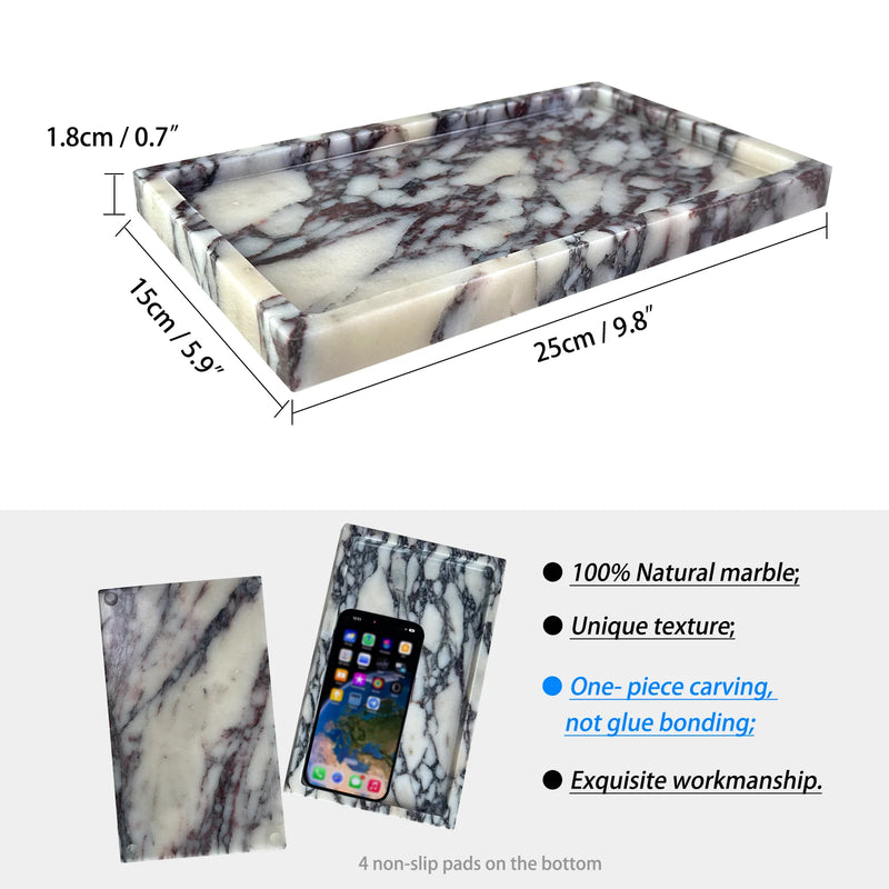 Bandeja de tocador de mármol natural de 10"x6", bandeja de piedra de mármol Calacatta Viola auténtica para baño/cocina/tocador