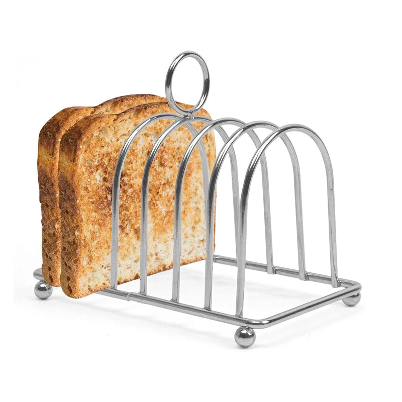 Rejilla para tostadas de acero inoxidable, soporte para 6 rebanadas de pan con asa, organizador de tostadas y soporte para servir.