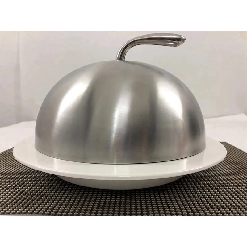 AFOURT-2 piezas 24 cm Tapa para bistec de acero inoxidable, cúpula para Teppanyaki, tapa para platos, cubierta redonda para comida, a prueba de aceite, para cocinar en casa y en la cocina