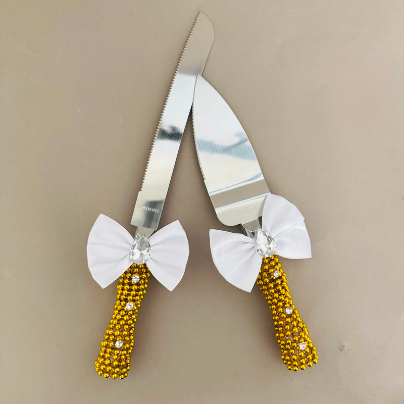 Set Couteau à Gâteau Mariage Doré