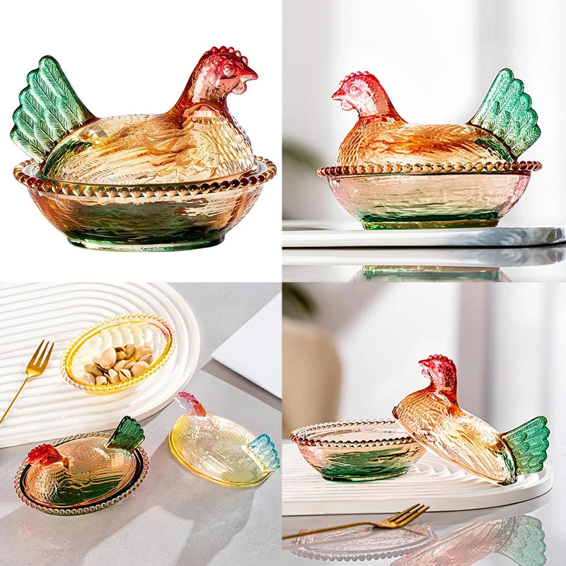 Plato de cristal, azucarero de cristal con tapa en forma de gallina, frutero, plato para postres y aperitivos, cuenco retro.