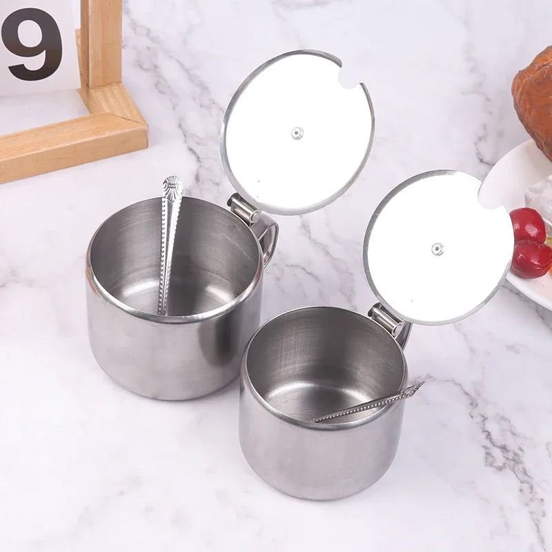 Azucarero práctico de acero inoxidable con tapa de asa y cuchara, recipiente para especias a prueba de polvo e impermeable para cocina y restaurante