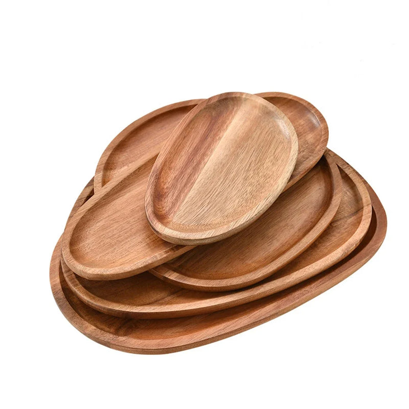 1 bandeja ovalada para servir comida, plato de madera de acacia para aperitivos y postres, bandeja de té, servidor de comida natural, platos para bebidas