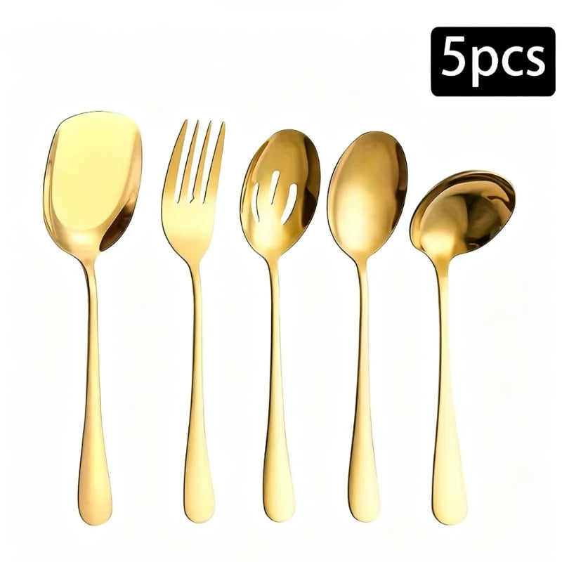 Juego de 5 cucharas y tenedores para servir de acero inoxidable 1010, vajilla grande para compartir, cubiertos multiusos para buffet, banquetes y catering.