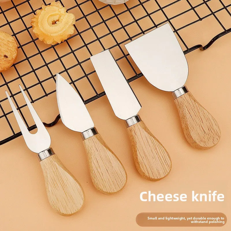 Juego de 4 cuchillos para queso de acero inoxidable con mango de madera, cortador de queso y mantequilla, espátula para mermelada y crema, cuchillo para pizza, juego de utensilios de cocina