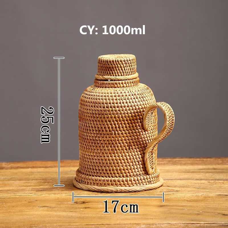 Termo de ratán tejido a mano de 1L para té o café, jarra térmica vintage, botella de agua caliente, termo, jarra térmica, tetera termo