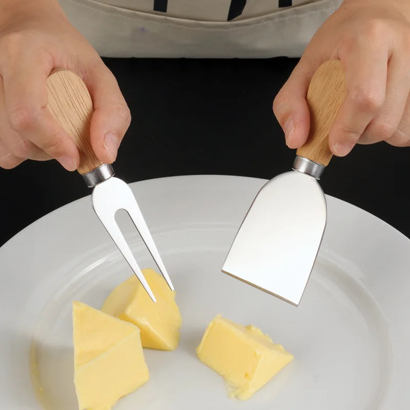 Juego de 4 cuchillos para queso de acero inoxidable con mango de madera, cortador de queso y mantequilla, espátula para mermelada y crema, cuchillo para pizza, juego de utensilios de cocina