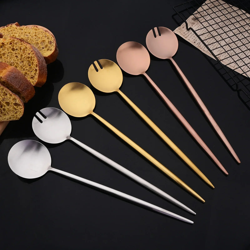 Juego de cubiertos para ensalada de 2 piezas, set de cubiertos dorados, cucharas, tenedores, mango largo, tenedor grande, juego de utensilios de acero inoxidable para servir.