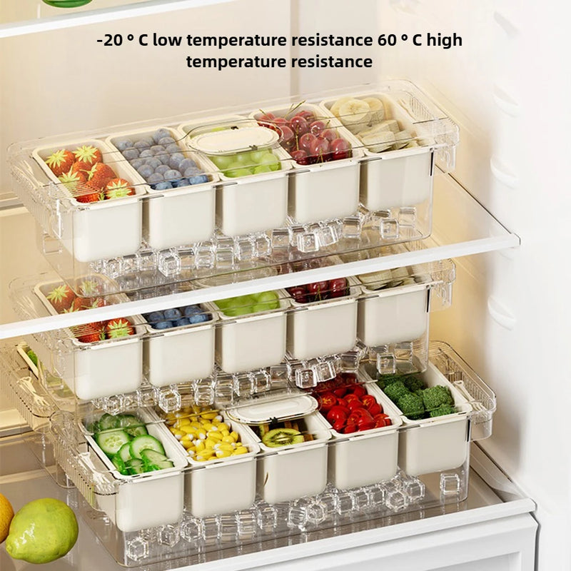 Organizador de condimentos refrigerado con 5 recipientes, servidor de frutas con tapas, bandeja para servir con compartimentos extraíbles