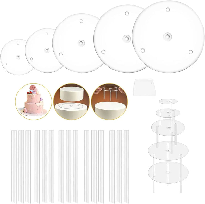 5 piezas de platos separadores de pasteles, bases para pasteles y 15 piezas de varillas de soporte de plástico para pasteles, reutilizables para pasteles de varios niveles para fiestas