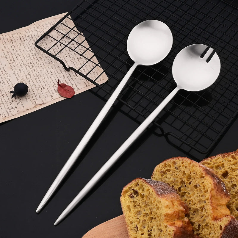 Juego de cubiertos para ensalada de 2 piezas, set de cubiertos dorados, cucharas, tenedores, mango largo, tenedor grande, juego de utensilios de acero inoxidable para servir.