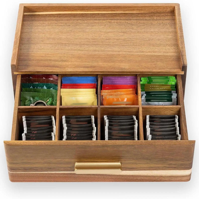 Organizador de bolsas de té de madera con múltiples compartimentos, práctica caja organizadora de té para exhibición en el hogar, despensa, cocina, oficina y encimera