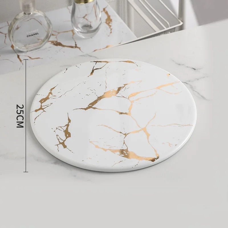 Plateau en marbre rond blanc 25cm – présentation buffet anniversaire et baptême