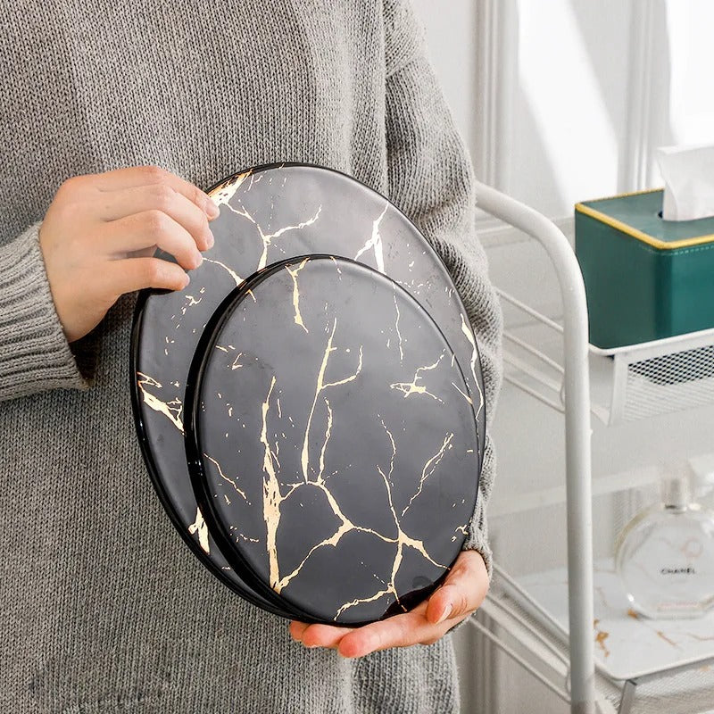 Plateau en marbre rond noir 20cm – décoration table réception élégante