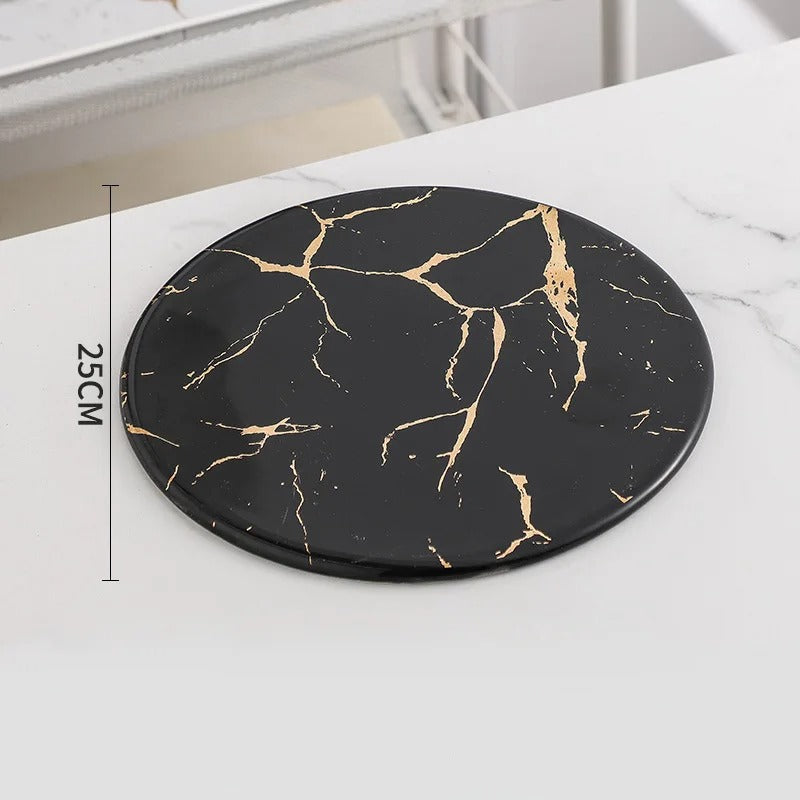 Plateau en marbre rond noir 25cm – ensemble buffet événement chic et moderne