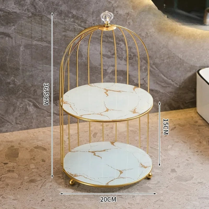 Présentoir gâteau cage oiseau marbre blanc – mise en situation buffet de mariage
